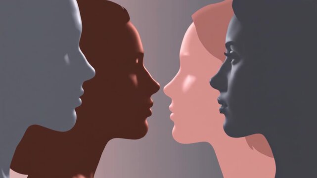 Diverse human profiles facing each other in abstract graphic