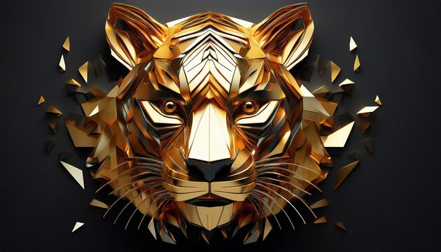 A premium 3D abstract illustration of a tiger head constructed from sharp golden geometric shards and metallic polygons with floating pieces, isolated on a solid black background