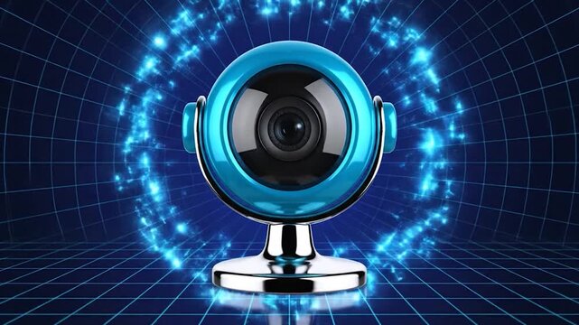 A futuristic blue and chrome webcam device stands on a glowing grid background