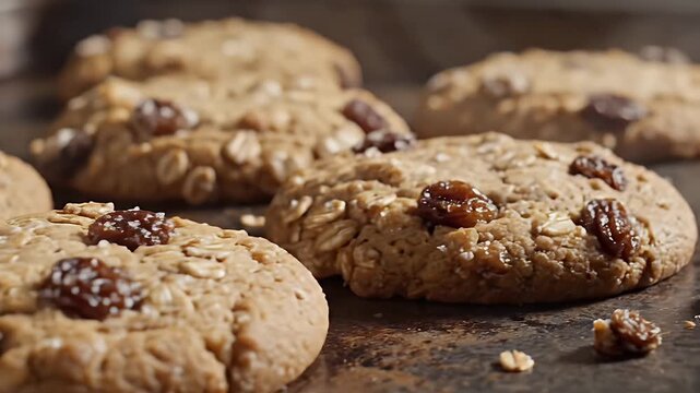 Warm Oatmeal Raisin Cookies Freshly Baked on a Rustic Baking Sheet