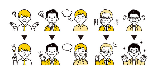 複数のビジネスマンの困った表情と解決した表情・ポーズのベクターイラストアイコン素材セット