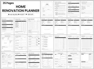 Home Renovation Planner Interior Design 25 Pages Bundle. Budget Breakdown, Room Planner, Professional Contacts, Daily Log Project Tracker.