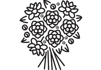 Bouquet doodle line art with stylized flowers and leaves, black outline sketch isolated on white background, simple floral icon for wedding, greeting cards
