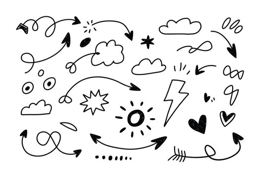 Variety of hand-drawn vector doodles featuring arrows, clouds, and shapes.