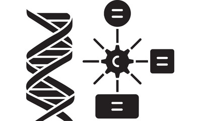 DNA helix icon with bioinformatics network nodes and central gear hub, black glyph silhouette on white, genetics data analysis and molecular science concept