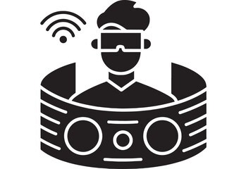 Icon smart home voice assistant with wifi signal and user avatar, minimal black glyph pictogram for AI, IoT automation, connected speaker control panel isolated on white