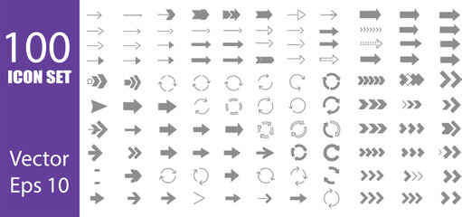 Collection of 100 diverse vector arrow icons in various shades of gray on white background 120 characters
