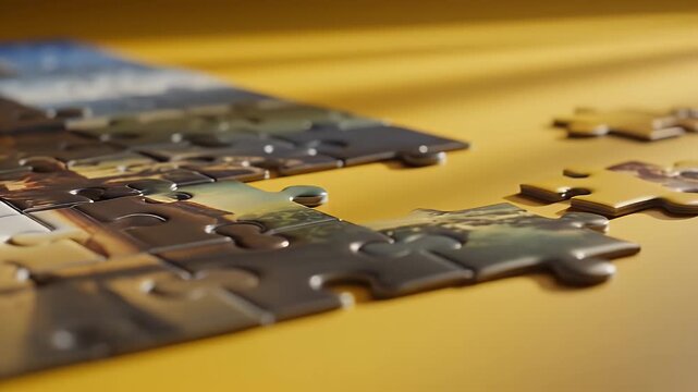 Detailed Close Up Of A Jigsaw Puzzle With Landscape Image In Progress On A Warm Yellow Surface With Dramatic Sunlight Rays