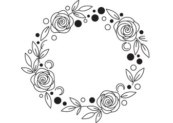 Wreath floral rose frame with leaves and decorative dots, black line art circular border for wedding invitation, greeting card, logo, monogram, and wall decor
