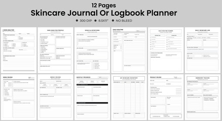 Skincare Journal Logbook 12 Pages. Skin Analysis Profile Daily Routine Product Review Ingredient Tracker Monthly Progress Log.