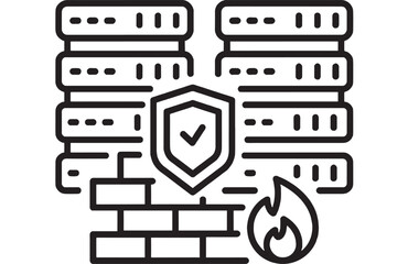 Firewall server security icon with shield checkmark, database stacks and brick wall, data protection and cybersecurity outline symbol for network safety apps