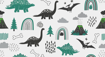 Prehistoric creatures, dinosaurs, and bones in a whimsical landscape with rainbows and clouds from a bird's eye view © John