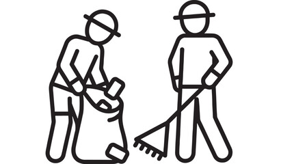 Workers cleaning icon with two janitors collecting trash in bag and raking litter, simple black outline pictogram for sanitation, housekeeping service, and recycling