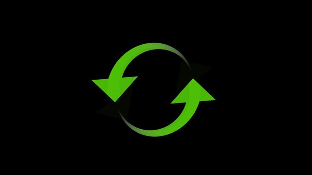 Green 3D arrow recycle icon on black background representing circular refresh direction concept animation vedio