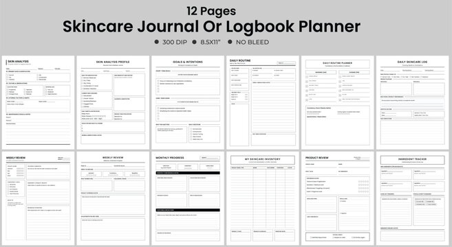 Skincare Journal Logbook 12 Pages. Skin Analysis Profile Daily Routine Product Review Ingredient Tracker Monthly Progress Log.