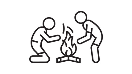 Campfire icon with two people warming hands around flames, simple black outline pictogram for outdoor camping, survival, bonfire safety and adventure apps