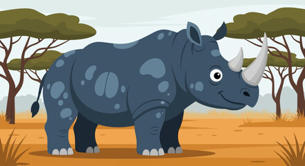A cartoon rhinoceros stands in a savannah landscape with trees and grass viewed from the side © John