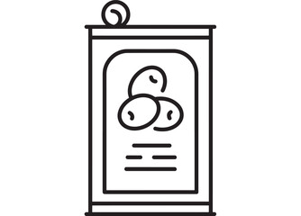 Can food tin icon with simple black line outline, canned beans label, minimal monochrome vector symbol for grocery packaging, pantry storage, retail and web UI