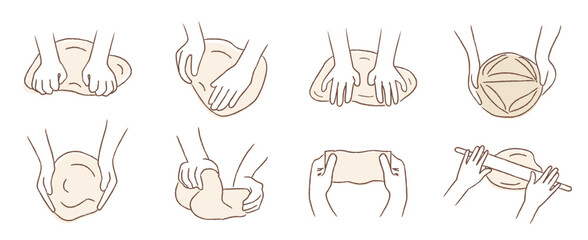 Hand drawn sourdough bread kneading and shaping process with hands. Step by step artisan dough preparation. Textured line art vector illustration set isolated on white background.
