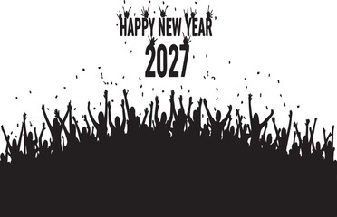 Celebratory crowd raising hands with confetti and Happy New Year 2027 festive graphic design for holiday greetings and party decorations © Md Shariful islam