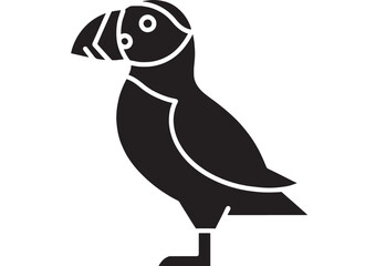 Puffin bird icon silhouette with beak and eye details, minimalist black flat design isolated on white background, simple wildlife logo symbol for web, print, signage