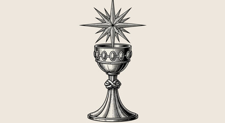 An ornate silver goblet with a starburst design on top stands alone on a plain surface viewed from a straightforward angle © John