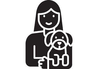 Woman holding dog icon in black and white silhouette style, friendly pet owner with puppy, simple flat pictogram for veterinary clinic, adoption, care and love