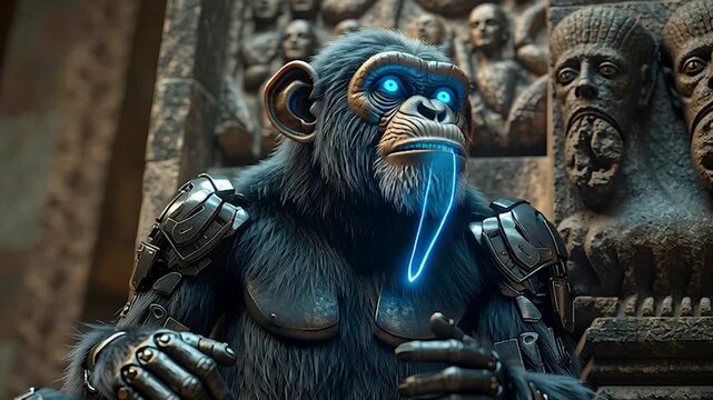 Futuristic Monkey with Glowing Blue Eyes.
