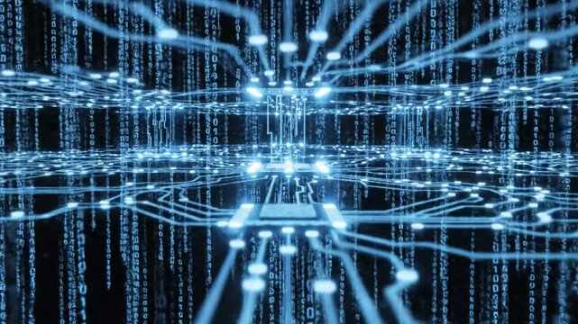 Digital Circuit Board with Flowing Binary Code and Glowing Blue Connections technology data.