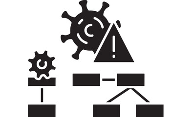 Workflow diagram icon set with gear and warning triangle, process flowchart blocks and connectors, black silhouette symbols for business automation and troubleshooting