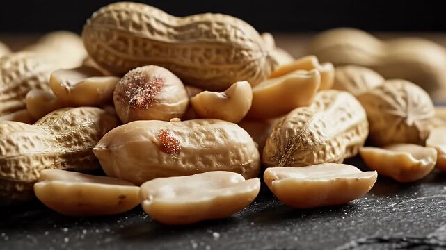 Heap Of Shelled And Unshelled Peanuts With Salt Sprinkled On A Dark Slate Surface Macro Shot Warm Lighting