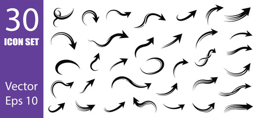 Collection of 30 black arrows in various curved and straight designs on white