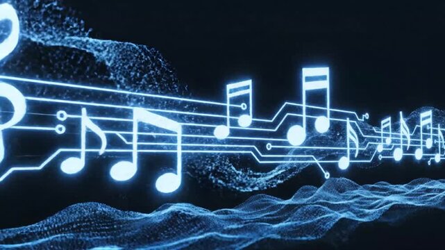 Glowing Blue Musical Notes and Staves Integrated with Digital Circuitry and Sound Waves treble clef technology.