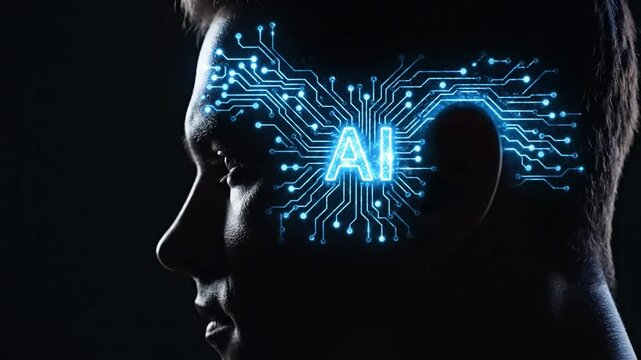 Profile silhouette of a man's head with a glowing AI circuit board inside his brain artificial intelligence.
