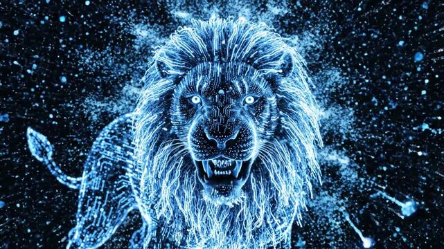 Roaring Digital Lion Made of Blue Circuits and Particles with Explosive Light Effect animal technology.