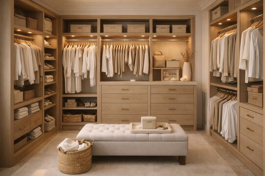 A large, well-lit walk-in closet with a white dresser and a tan bench
