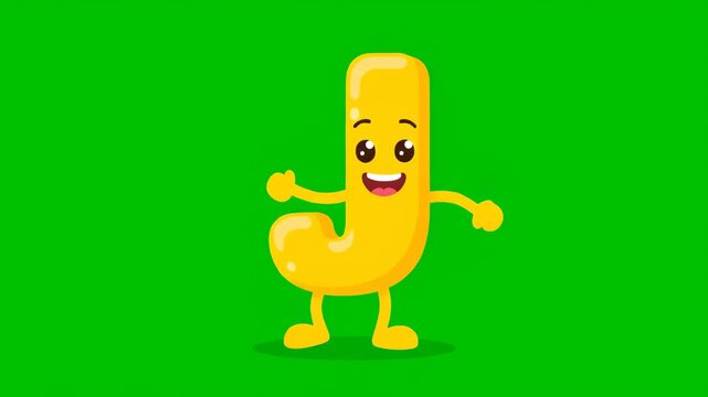 A cheerful yellow cartoon letter J character with a happy face, arms, and legs, dancing against a vibrant green screen background.