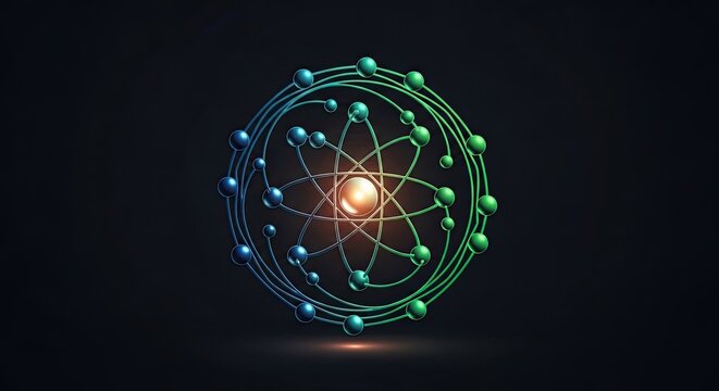 Glowing atomic structure model with electrons orbiting nucleus on dark background representing physics and chemistry concepts