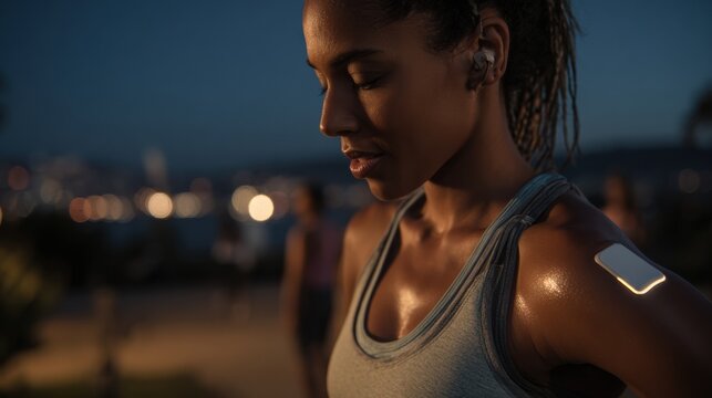 Female athlete closeup showing biosensor patch on upper arm with earbuds and city lights, intimate lowlight portrait emphasizing device detail, signal connectivity and prototype testing mood.