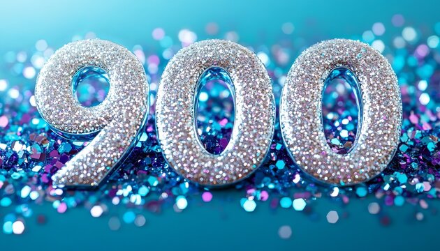 Stylish Silver Number 900 Surrounded by Shimmering Turquoise Confetti for Birthday Celebration