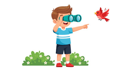 A young boy observes a red bird in a lush green environment through binoculars with a smile