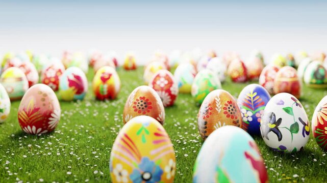 Colorful hand painted easter eggs in spring grass on sunny green meadow. Seamless loop.