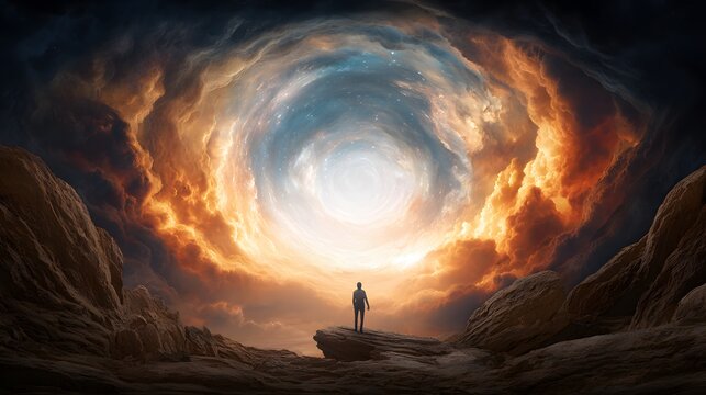 Cosmic Explorer: A lone figure stands in awe before a celestial vortex, representing exploration and the vast unknown of the universe.