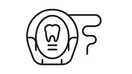 Obraz premium Tooth whitening icon with dental chair and light symbol, minimal outline vector in black line style for dentistry clinic, oral care, hygiene, and medical app UI