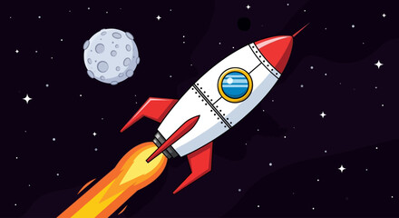 A cartoon rocket launches into outer space with a moon in the background
