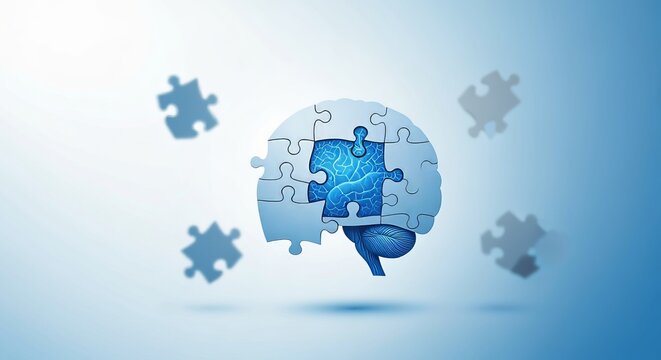 Brain illustration from jigsaw puzzles representing training for enhanced focus and concentration.