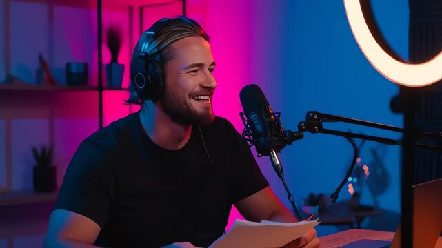 Happy Male Podcaster Recording at Home Studio with Neon Lights