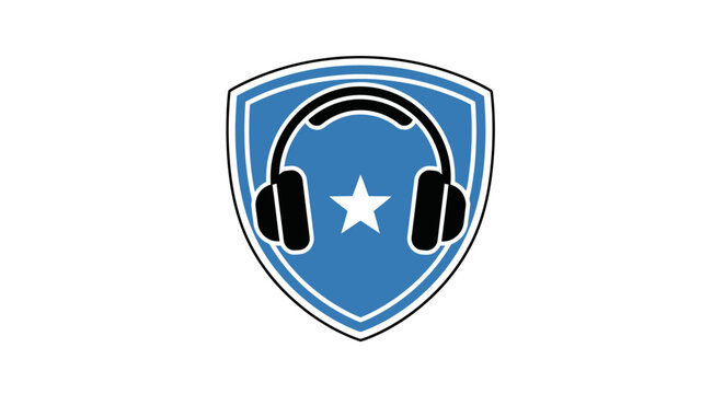 Blue Shield with Headphones and Star Icon on Isolated White Background, representing audio service and protection.