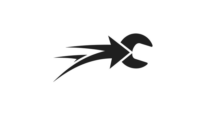 Black Wrench with Dynamic Arrow Shape Icon on Isolated White Background