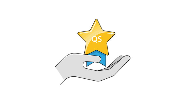 Hand Holding Yellow Star with QS for Quality Service Icon on Isolated White Background